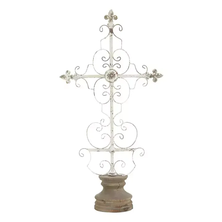 Cream Metal Ornate Cross Tabletop Sculpture