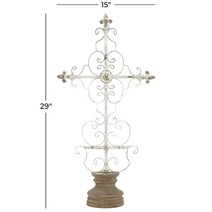 Cream Metal Ornate Cross Tabletop Sculpture