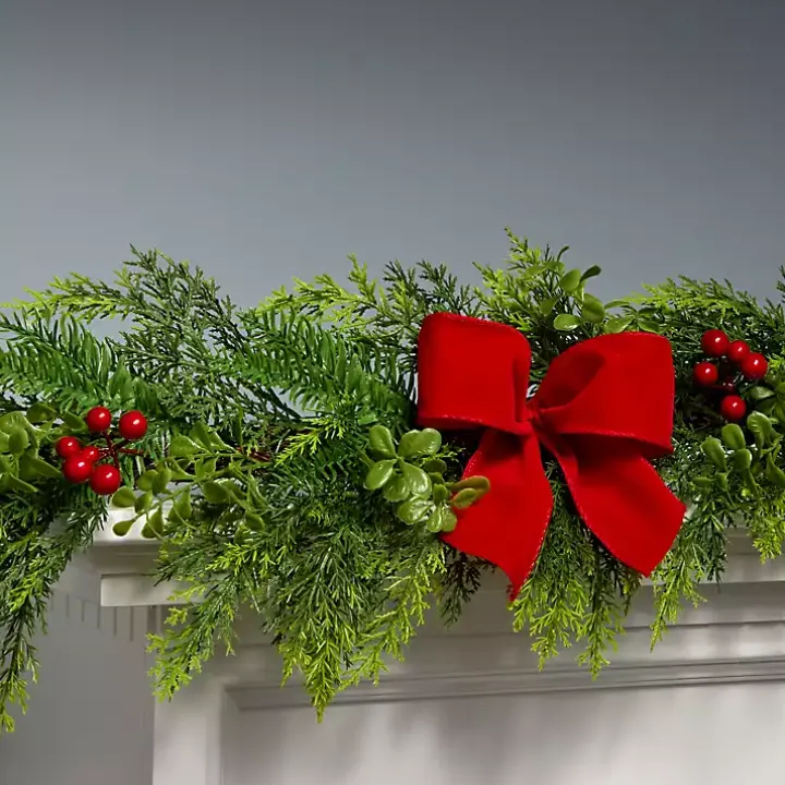 Cypress and Red Berry Christmas Garland, 6 ft.