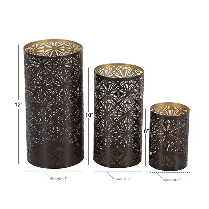 Dark Brown Pierced Metal Candle Holders, Set of 3