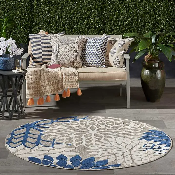 Denim Floral Burst Round Outdoor Area Rug
