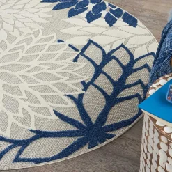 Denim Floral Burst Round Outdoor Area Rug