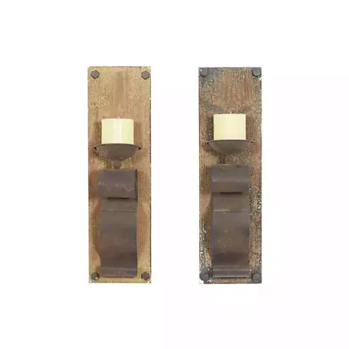Distressed Brown Wood Wall Sconces, Set of 2