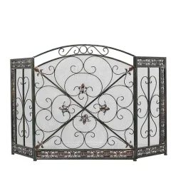 Distressed Fleur De Lis Three-Panel Fire Screen