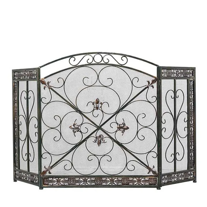 Distressed Fleur De Lis Three-Panel Fire Screen