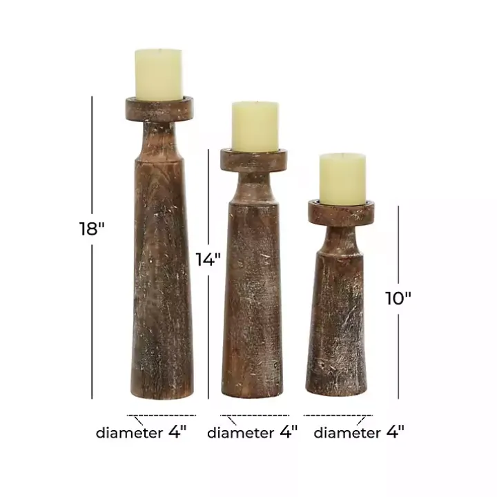 Distressed Mocha Mango Wood Candlesticks, Set of 3