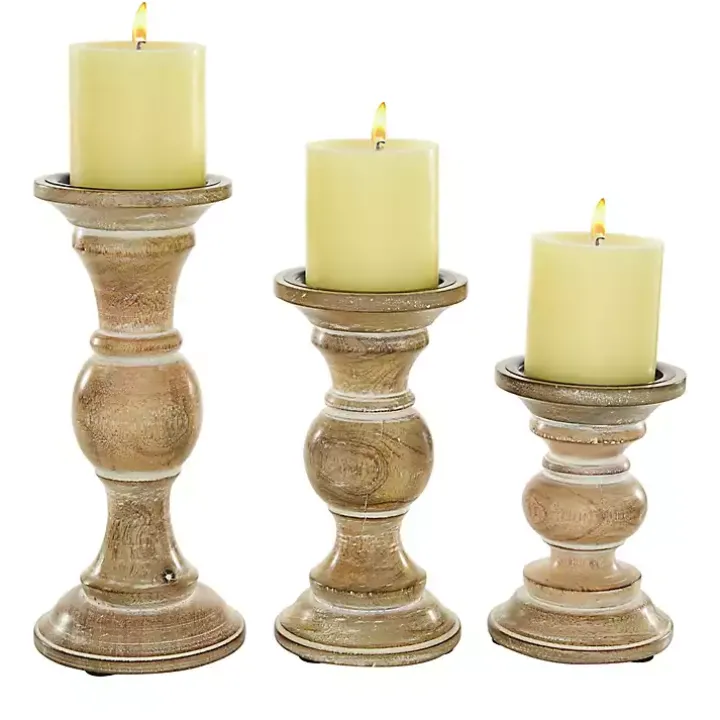 Distressed Wood Pillar Candle Holders, Set of 3