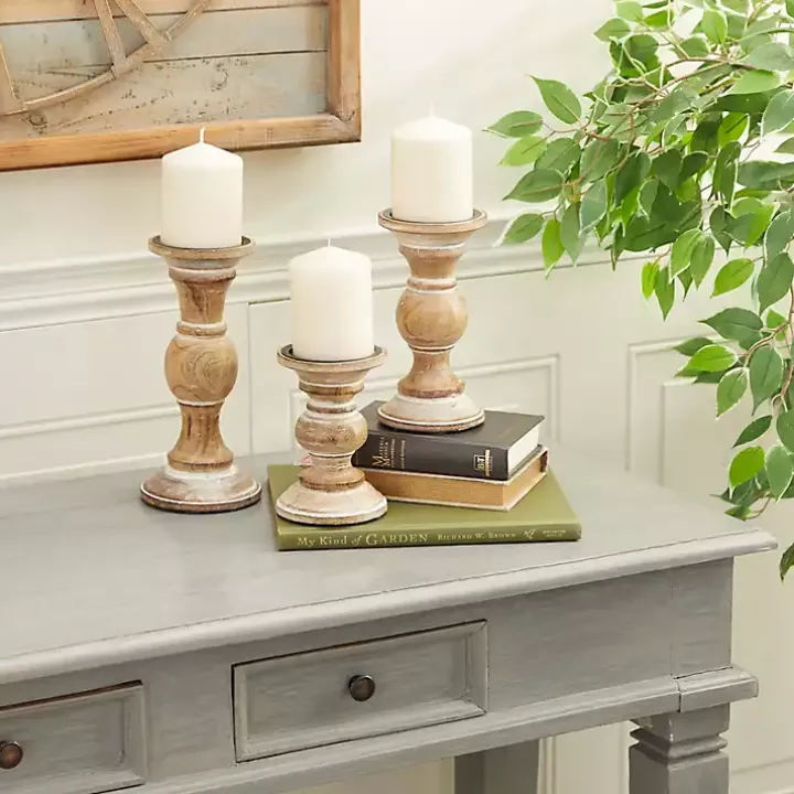 Distressed Wood Pillar Candle Holders, Set of 3