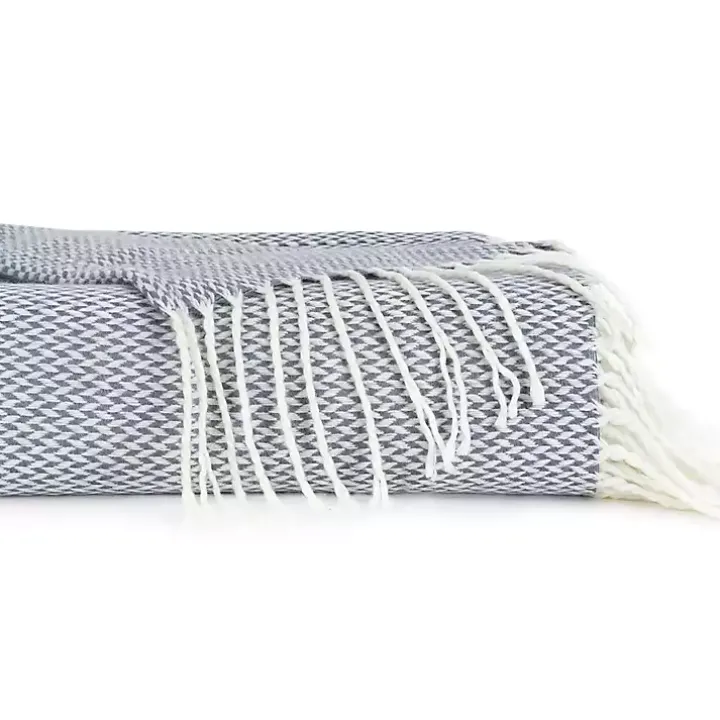 Dusk Blue Herringbone Throw with Fringe