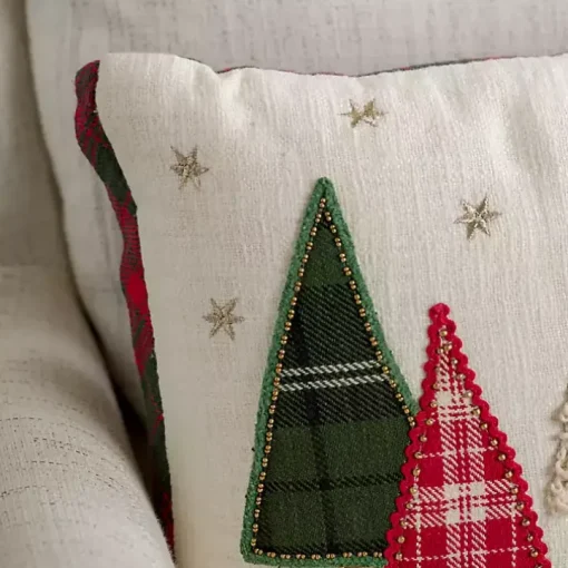 Embroidered Christmas Trees & Plaid Pillow