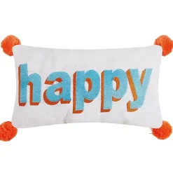 Embroidered Happy Pom Pom Lumbar Pillow