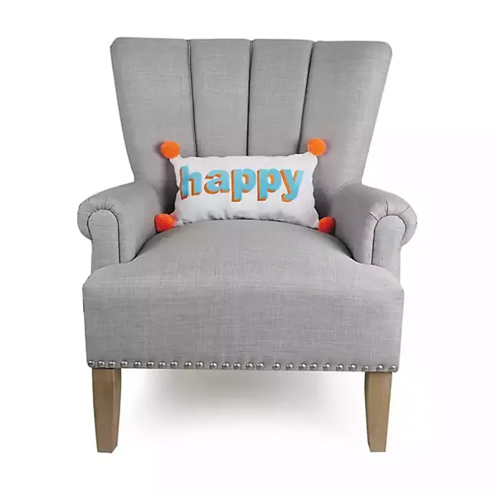 Embroidered Happy Pom Pom Lumbar Pillow