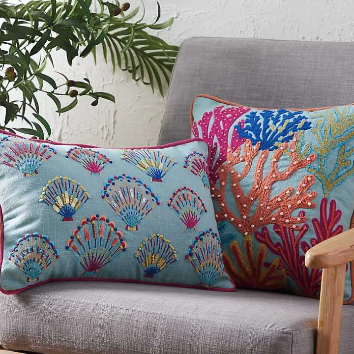 Embroidered Tropical Shells Lumbar Pillow