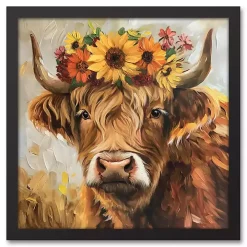Fall Floral Highland Cow Framed Canvas Art Print
