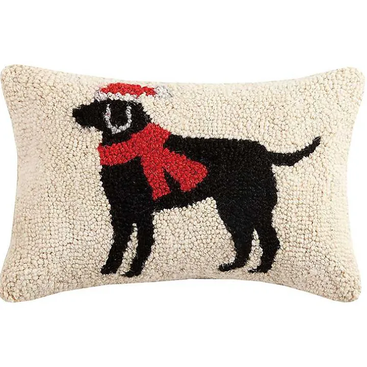 Festive Black Lab Hooked Wool Lumbar Pillow