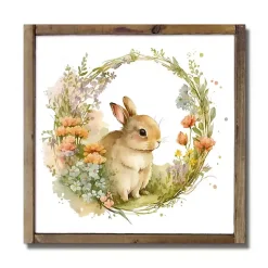 Floral Bunny Framed Wood Wall Plaque