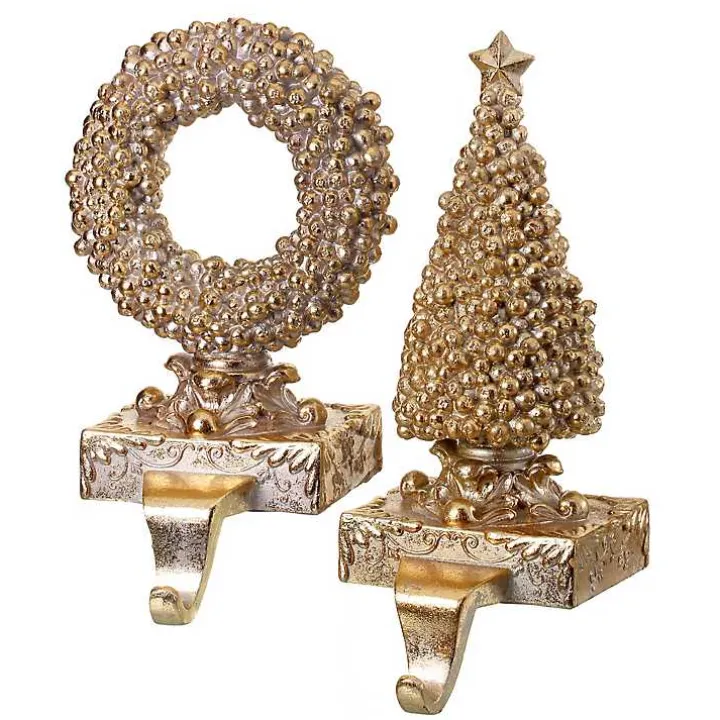 Gilded Tree and Wreath Stocking Holders, Set of 2