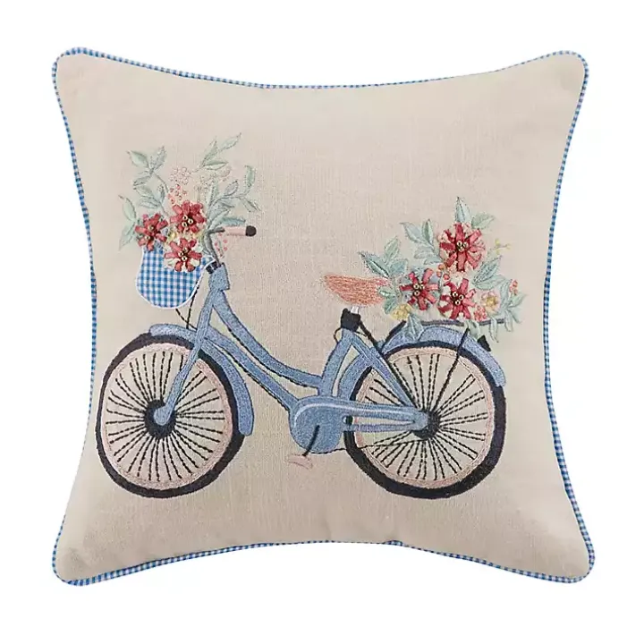 Gingham Bike Embroidered Pillow