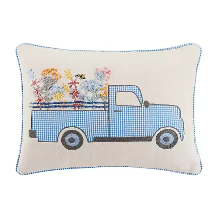 Gingham Truck Embroidered Lumbar Pillow