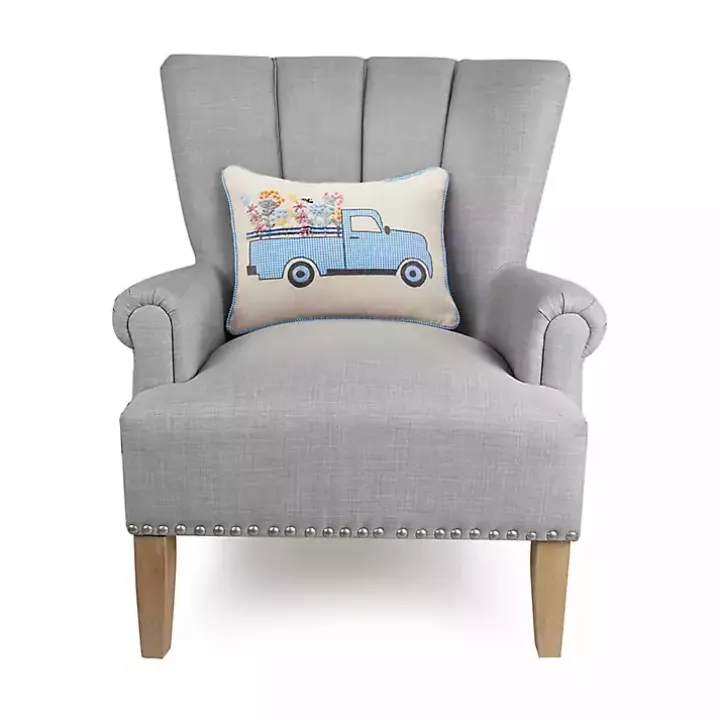Gingham Truck Embroidered Lumbar Pillow