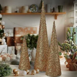 Glittered Gold Cone Tabletop Trees, Set of 3