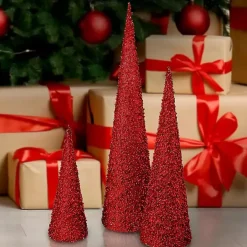 Glittered Red Cone Tabletop Trees, Set of 3