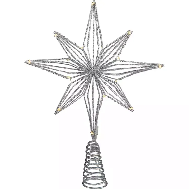 Glittery Silver Geo Star Pre-Lit LED Tree Topper