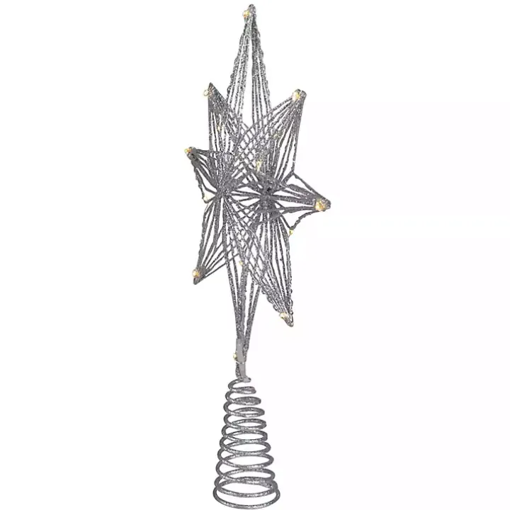 Glittery Silver Geo Star Pre-Lit LED Tree Topper