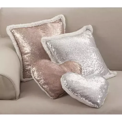 Glittery Silver Sherpa Sequins Throw Pillow