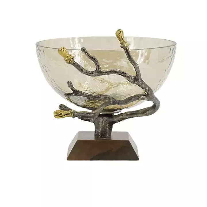 Gold Tipped Walnut Wood Glass Bowl