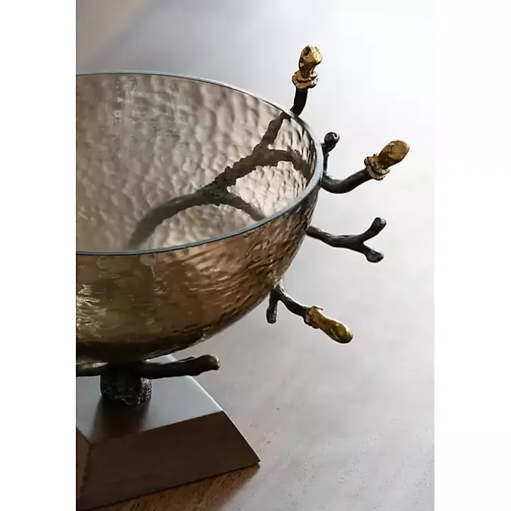 Gold Tipped Walnut Wood Glass Bowl