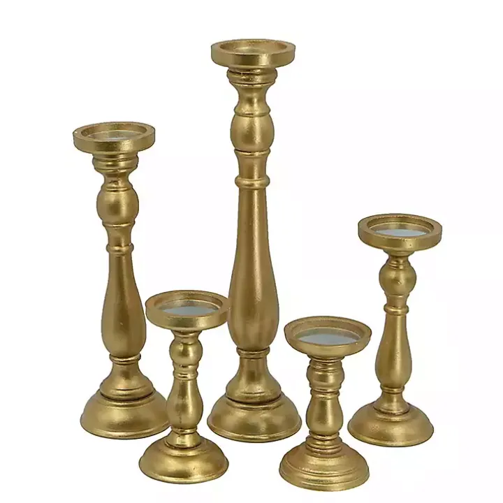 Gold Wood Spindle Taper Candle Holders, Set of 5