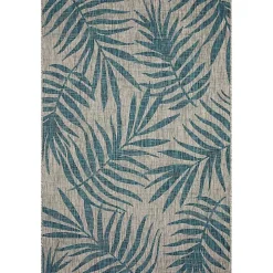 Gray and Aqua Palm Leaves Outdoor Area Rug, 7x10