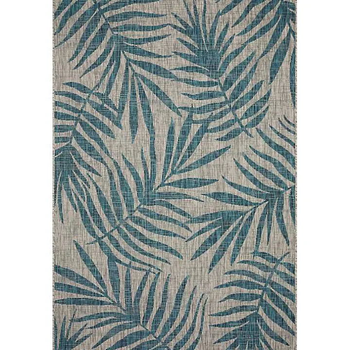 Gray and Aqua Palm Leaves Outdoor Area Rug, 5x7