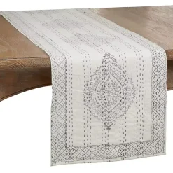 Gray and White Kantha Stitch Table Runner