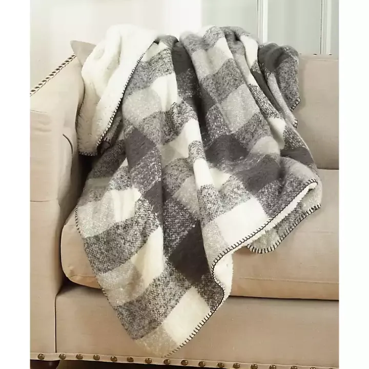 Gray and White Plaid Faux Mohair Sherpa Throw
