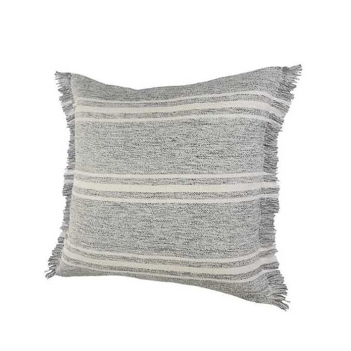 Gray and White Triple Stripe Outdoor Pillow