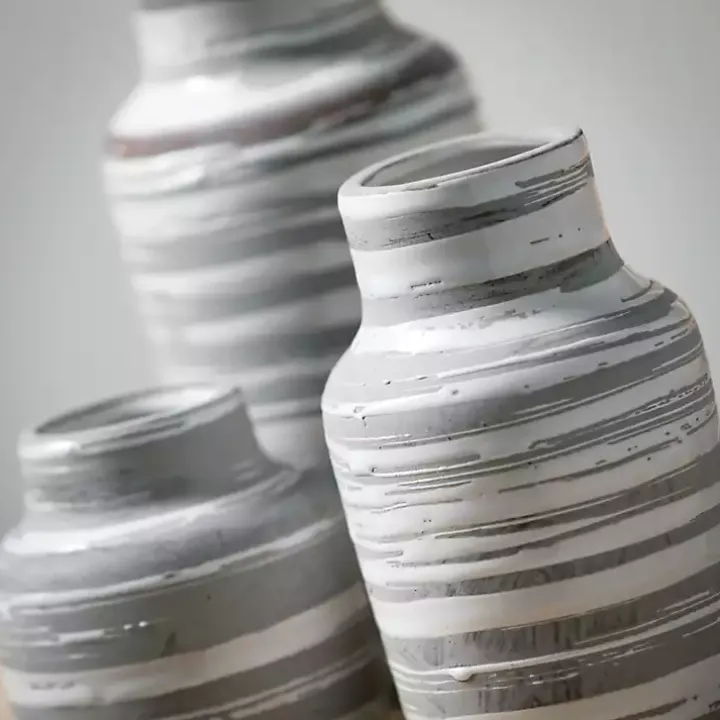 Gray Ceramic Striped Bottle Shaped Vases, Set of 3