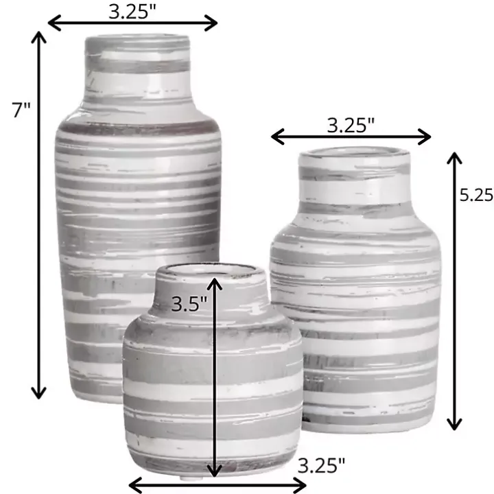 Gray Ceramic Striped Bottle Shaped Vases, Set of 3