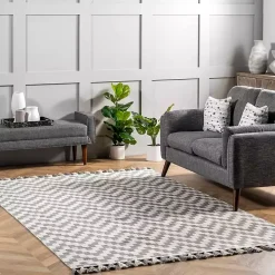 Gray Chevron Cotton Tassel Area Rug, 8x10