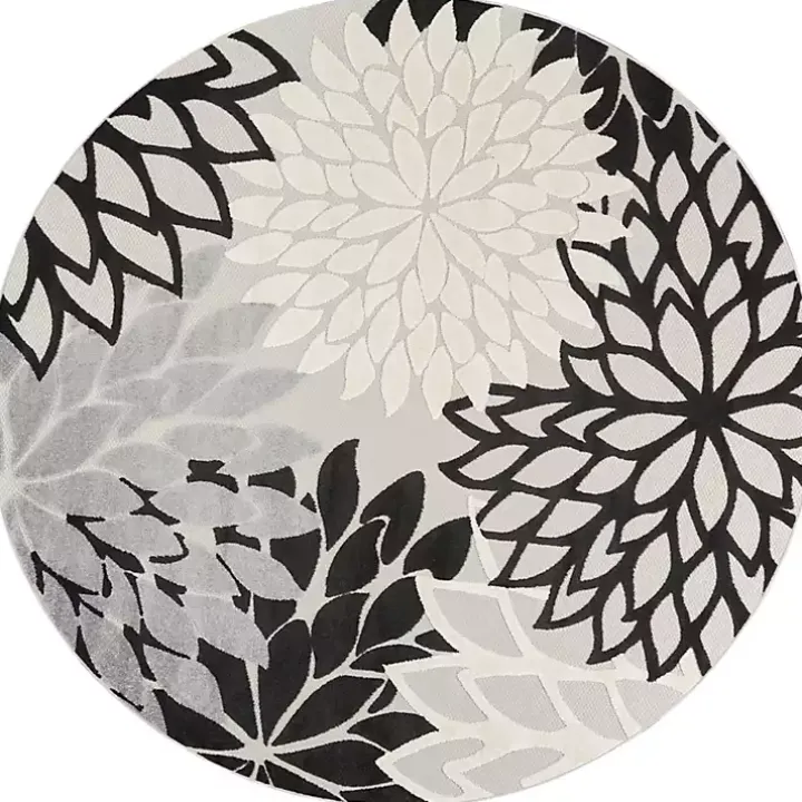 Gray Floral Burst Round Outdoor Area Rug