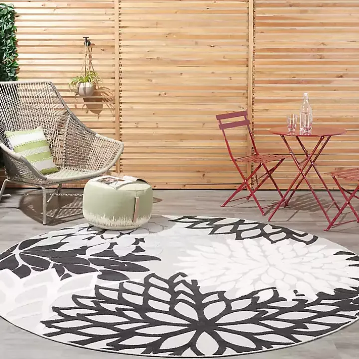 Gray Floral Burst Round Outdoor Area Rug