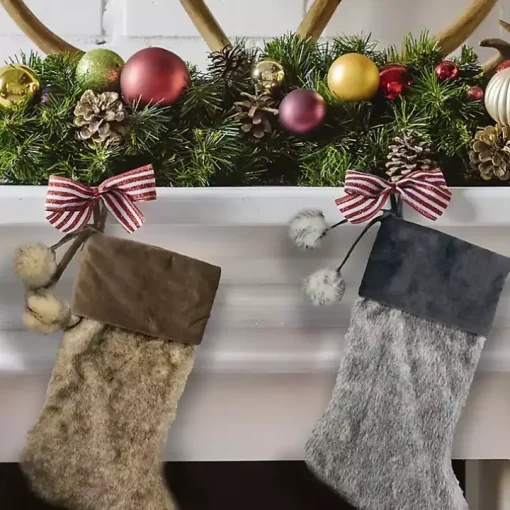 Gray Fur and Corduroy Pom Stocking