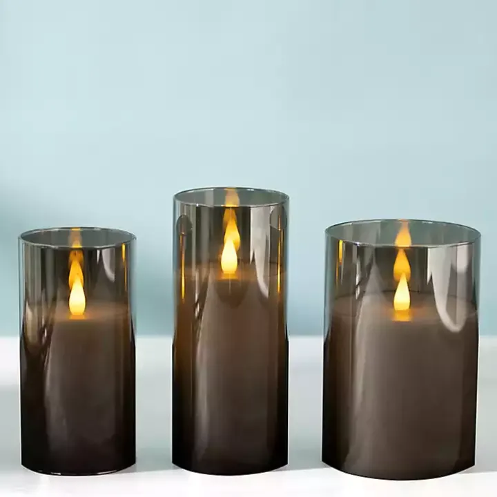 Gray LED Soft Flame Glass Pillar Candle, 3x6 in.