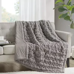 Gray Ruched Faux Fur Throw