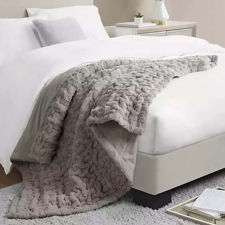 Gray Ruched Faux Fur Throw