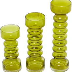 Green Glass Bubble Pillar Candle Holders, Set of 3