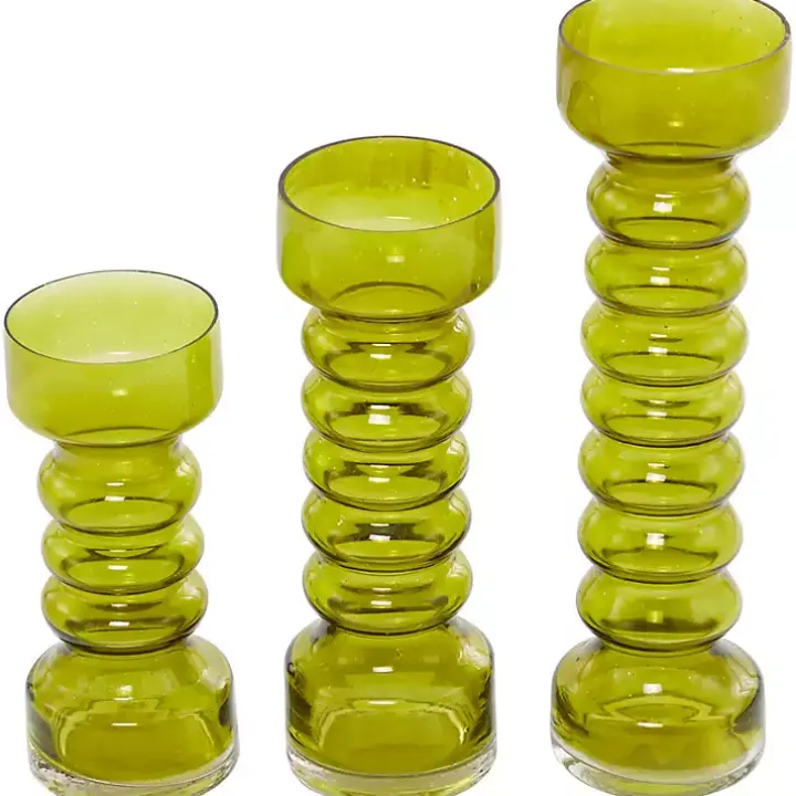 Green Glass Bubble Pillar Candle Holders, Set of 3