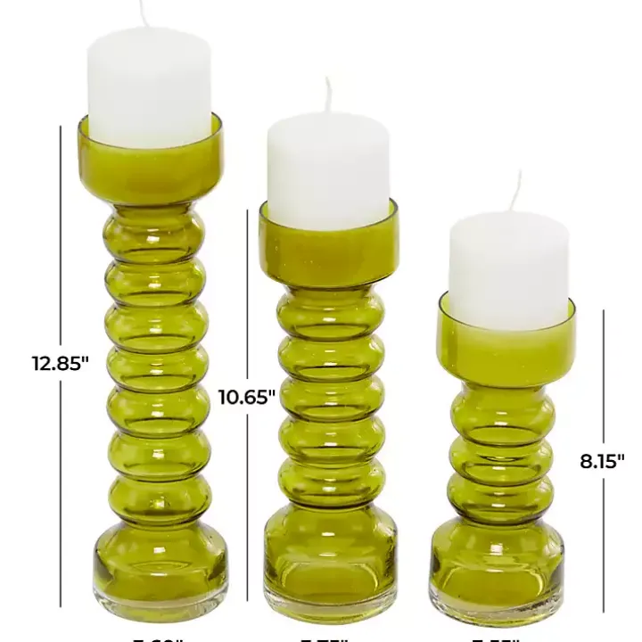 Green Glass Bubble Pillar Candle Holders, Set of 3
