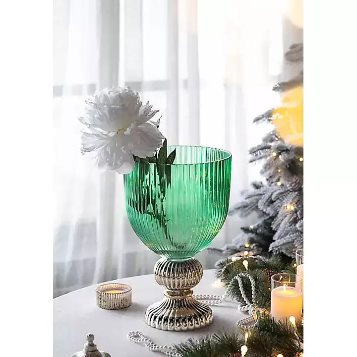 Green Glass Vase with Gold Pedestal Base, 16 in.